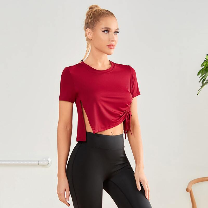

Drawstring Split Side Crop Sports Tee, Burgundy