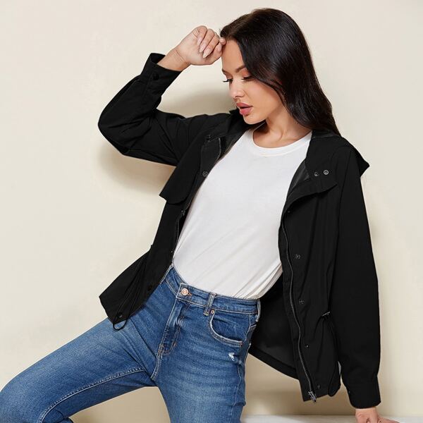 

Drawstring Waist Hooded Jacket, Black