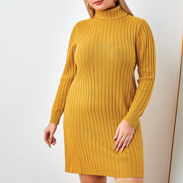 

Plus Turtle Neck Ribbed Knit Sweater Dress, Mustard yellow