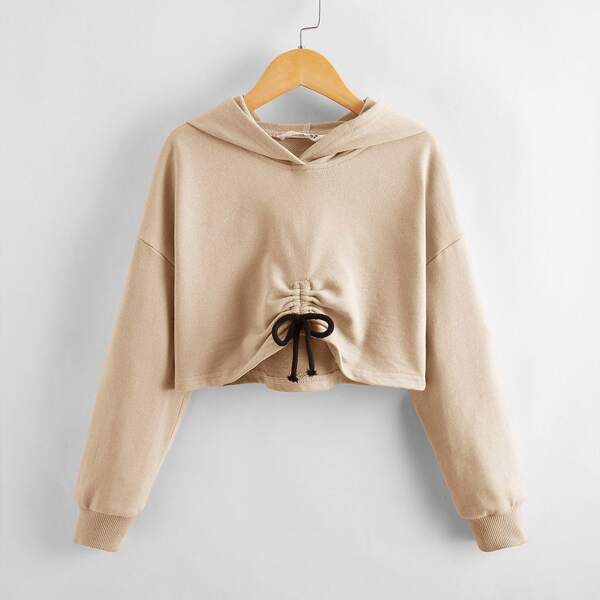 

Girls Drop Shoulder Drawstring Ruched Hoodie, Khaki