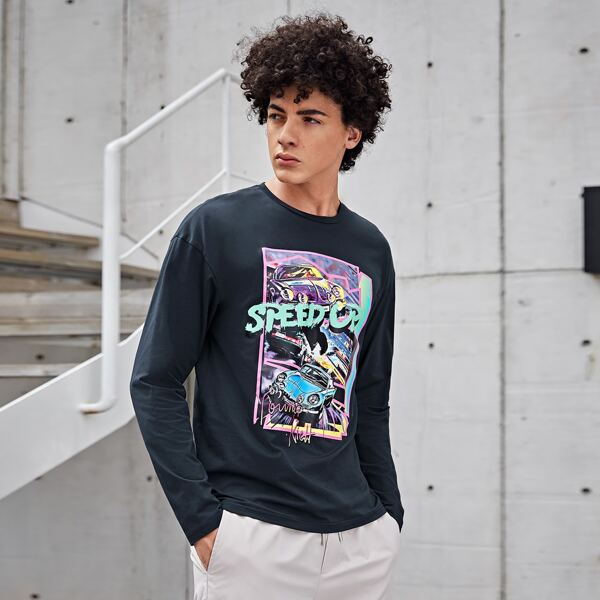 

Men Drop Shoulder Letter & Car Print Tee, Navy blue