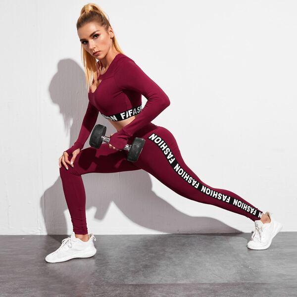 

Letter Tape Peekaboo Front Sports Tee & Leggings, Maroon