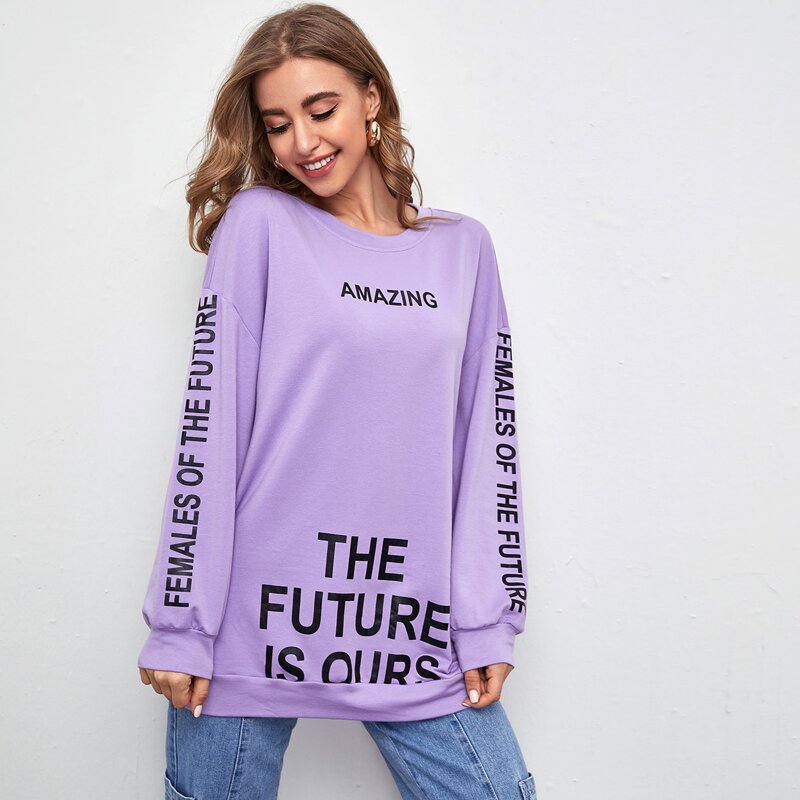 

Drop Shoulder Slogan Graphic Pullover, Lilac purple