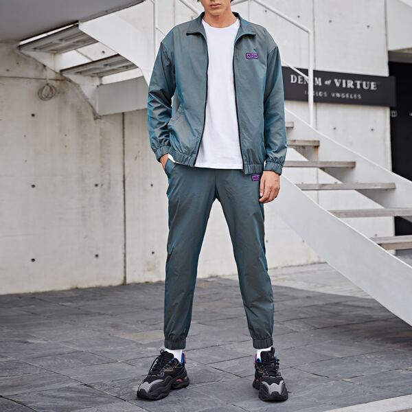 

Men Patched Detail Jacket & Sweatpants Set, Dusty blue