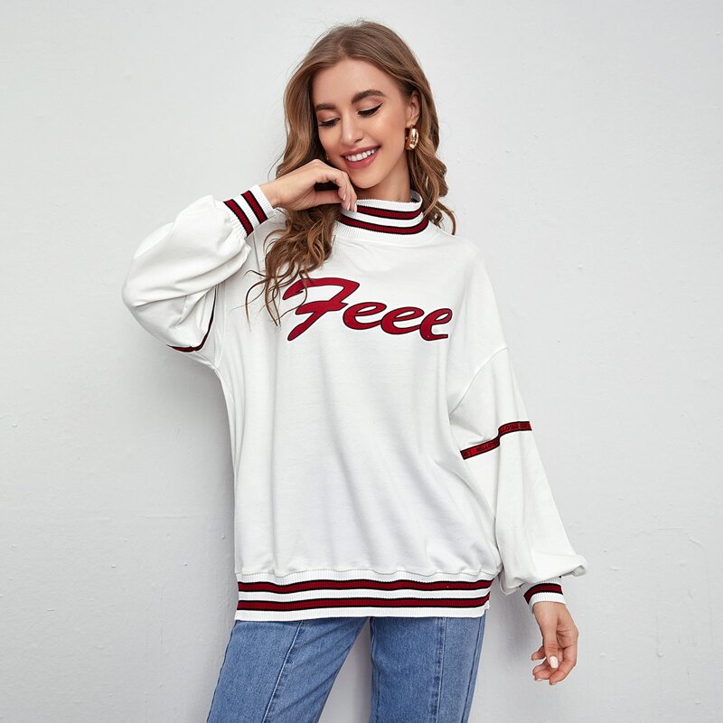 

Drop Shoulder Letter Graphic Striped Pullover, White