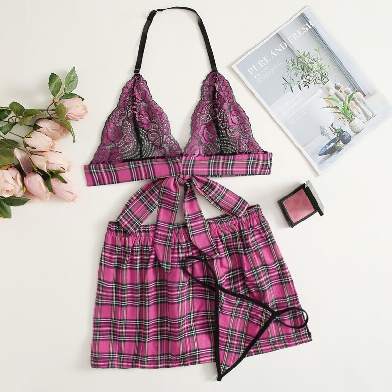

3pack Tartan Floral Lace School Costume Set, Hot pink