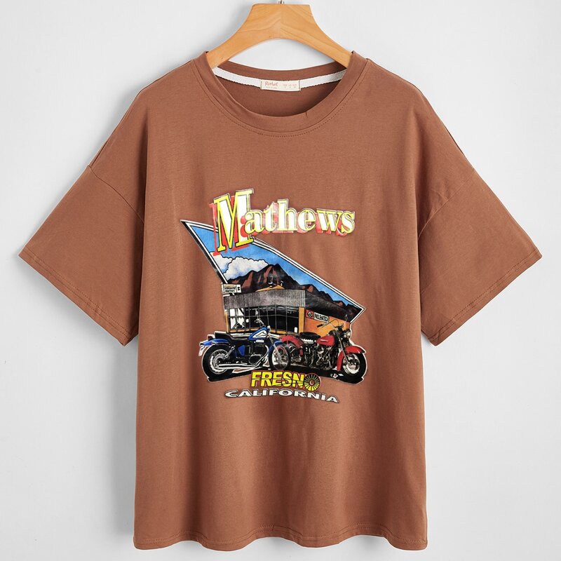 

Motorcycle & Letter Graphic Tee, Coffee brown
