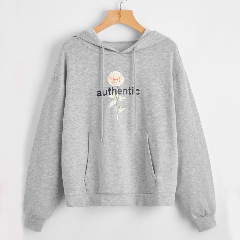 

Letter & Floral Print Drawstring Hoodie, Light grey