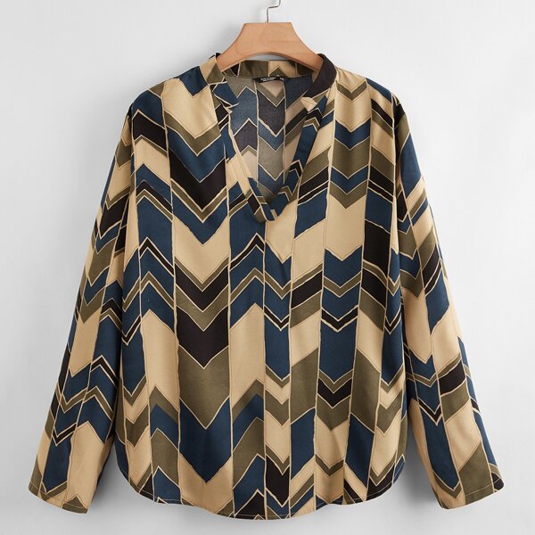 

Plus Chevron Print Notched Neck Blouse, Multicolor