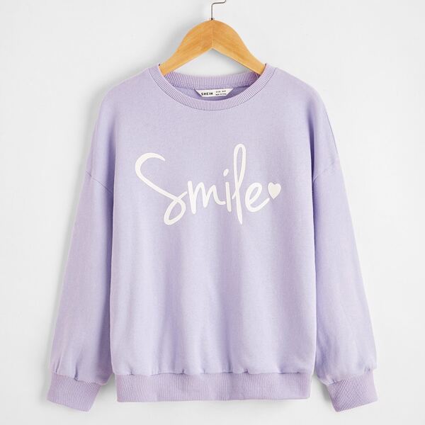 

Girls Letter & Heart Print Pullover, Lilac purple