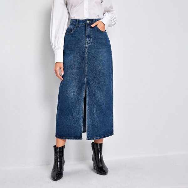 

High Waist Slit Hem Denim Skirt, Dark wash