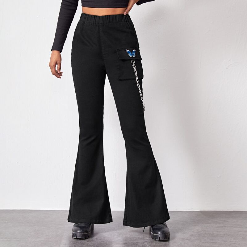 

Butterfly Embroidery Chain Detail Flare Leg Jeans, Black