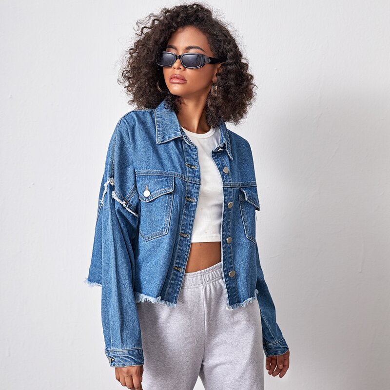 

Single Breasted Raw Hem Drop Shoulder Oversized Denim Jacket, Medium wash