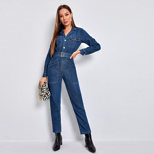 

Flap Pocket Buckle Belted Denim Jumpsuit, Dark wash