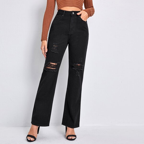 

High Waist Ripped Jeans, Black