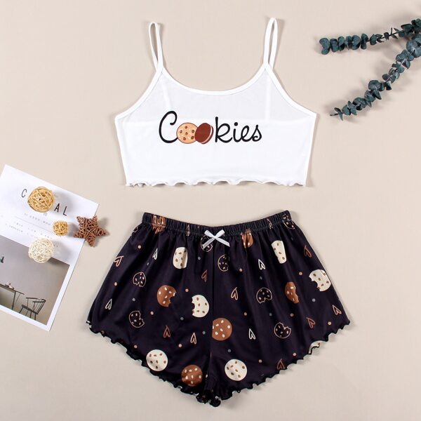 

Cookies And Letter Graphic Lettuce Trim Cami Pajama Set, Black and white