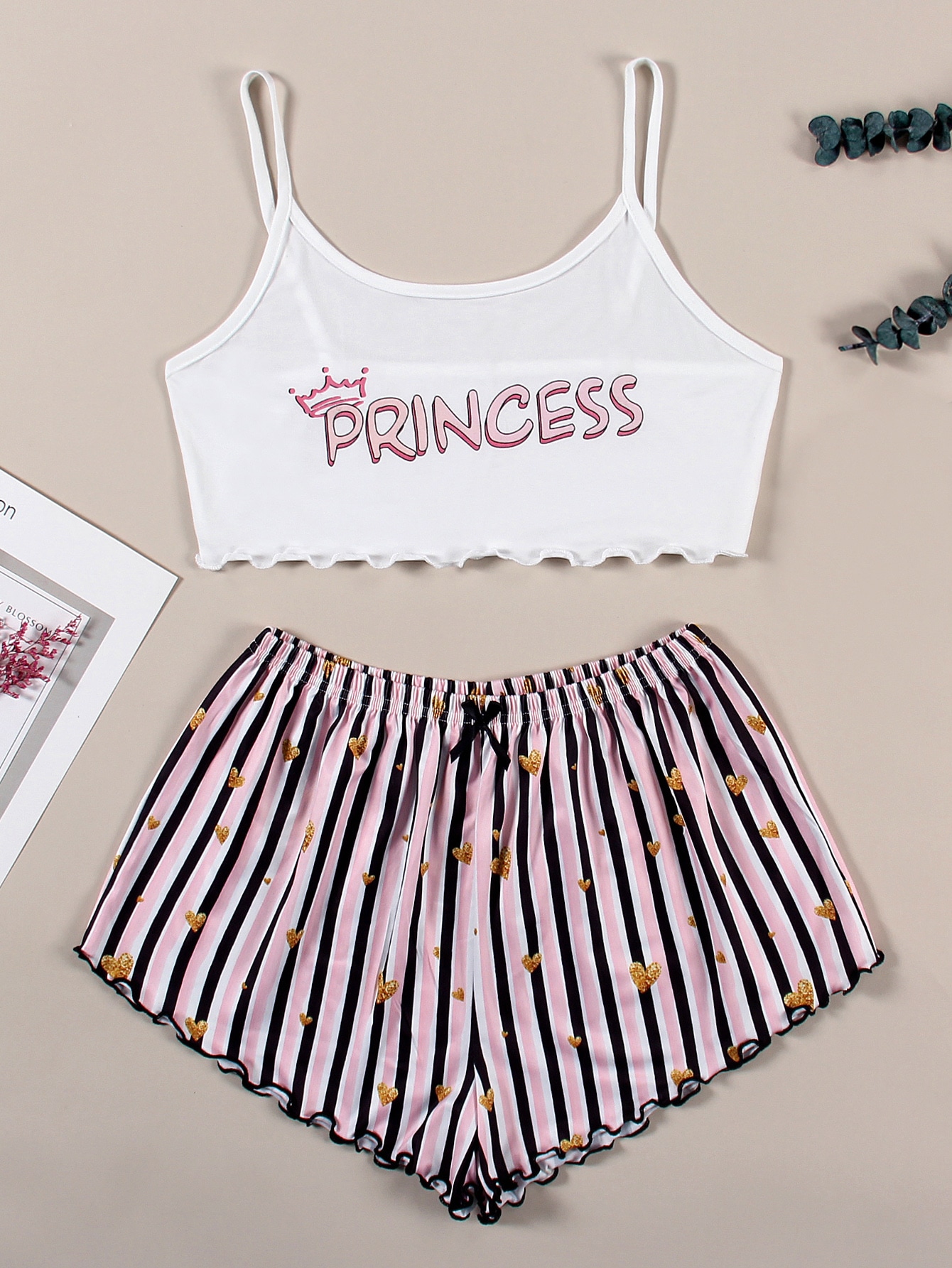 Heart And Letter Graphic Lettuce Trim Cami Pajama Set thumbnail
