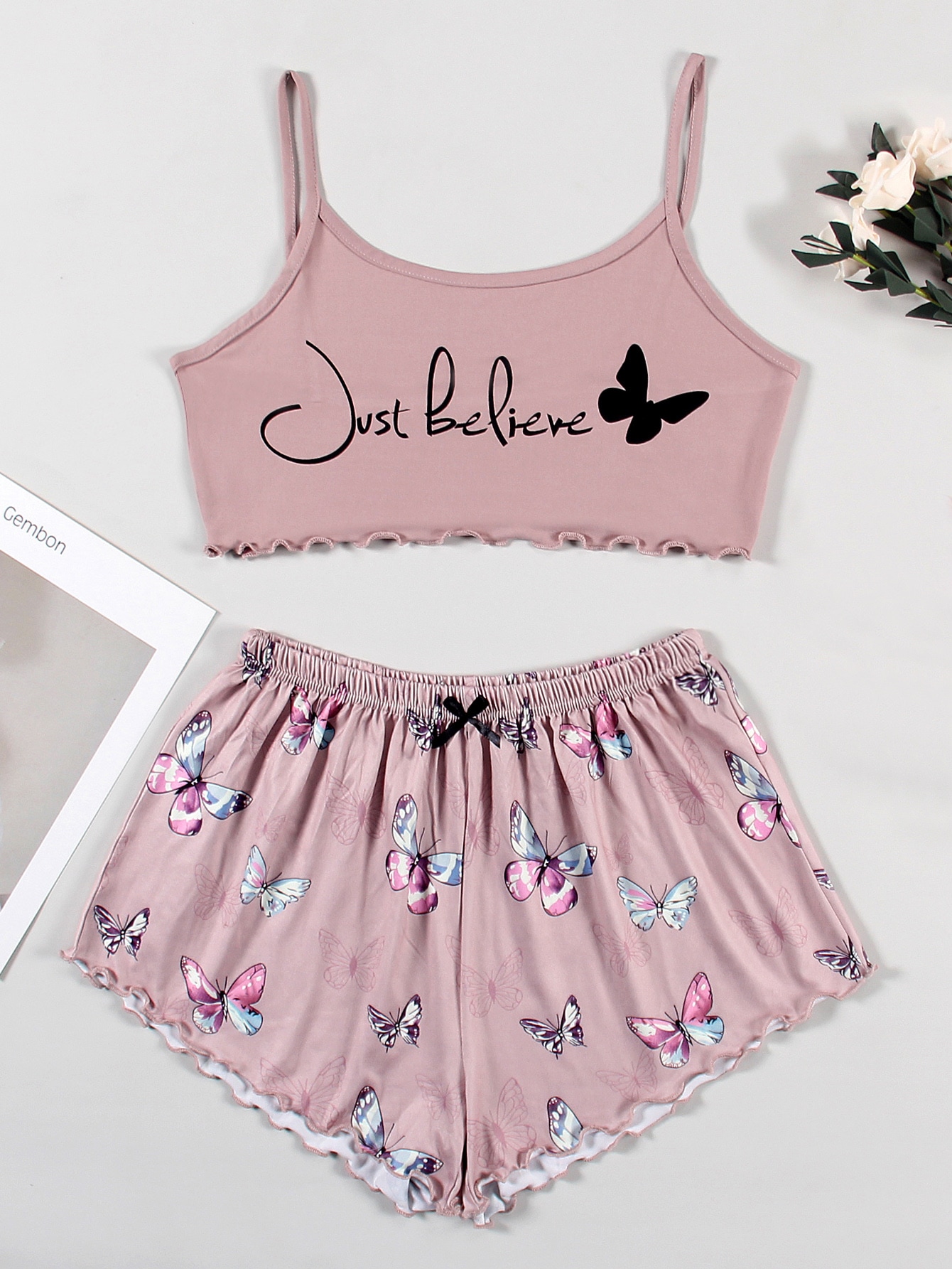 Slogan And Butterfly Print Lettuce Trim Cami Pajama Set thumbnail