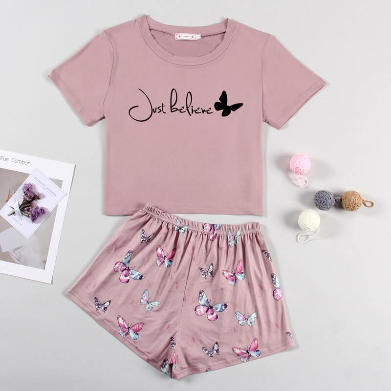 

Slogan And Butterfly Print Pajama Set, Dusty pink