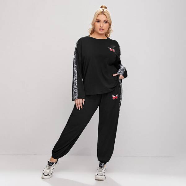 

Plus Butterfly Print Leopard Tee & Pants Set, Black