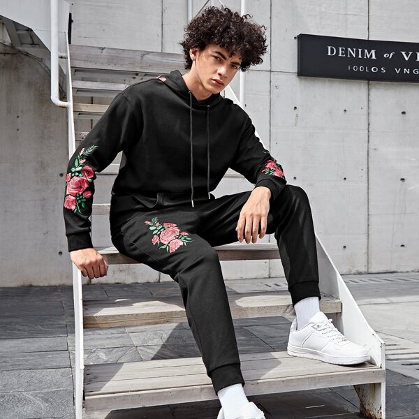 

Men Drop Shoulder Floral Print Hoodie & Sweatpants Set, Black