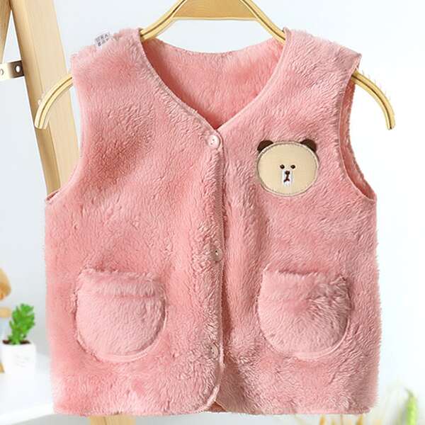

Toddler Girls Bear Patched Single Breasted Faux Fur Vest, Coral pink