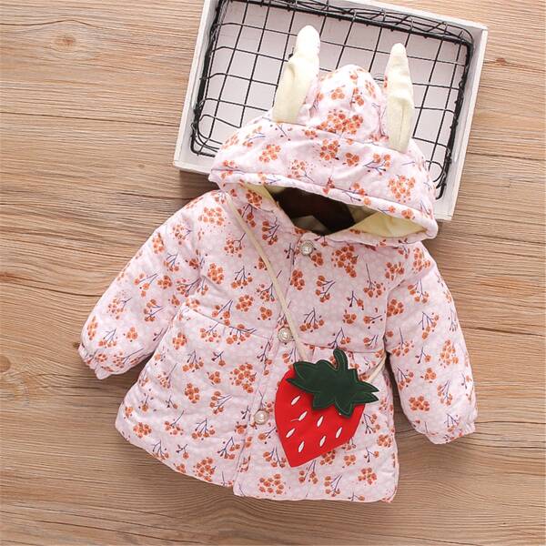 

Toddler Girls 3D Ears Design Floral Hooded Coat & Bag, Baby pink
