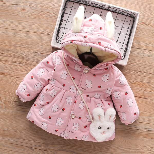 

Toddler Girls 3D Ears Design Sherpa Lined Cartoon Graphic Coat & Bag, Baby pink
