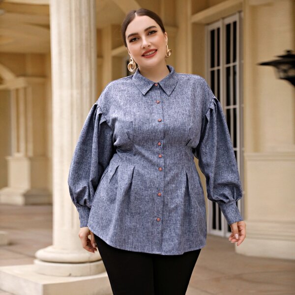 

Plus Bishop Sleeve Button Front Blouse, Blue