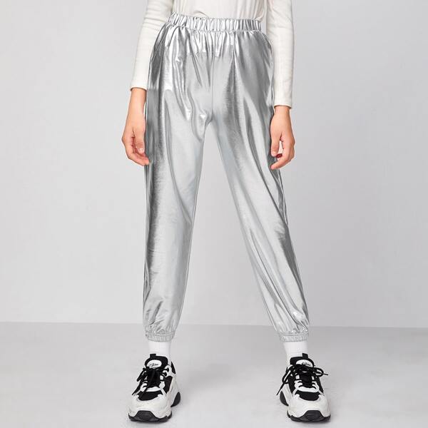 

Girls Slant Pocket Metallic Pants, Silver