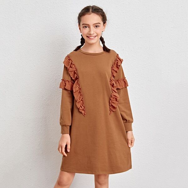 

Girls Frill Trim Sweatshirt Dress, Brown