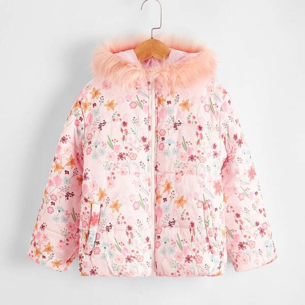 

Girls Floral Print Puffer Jacket, Pink pastel