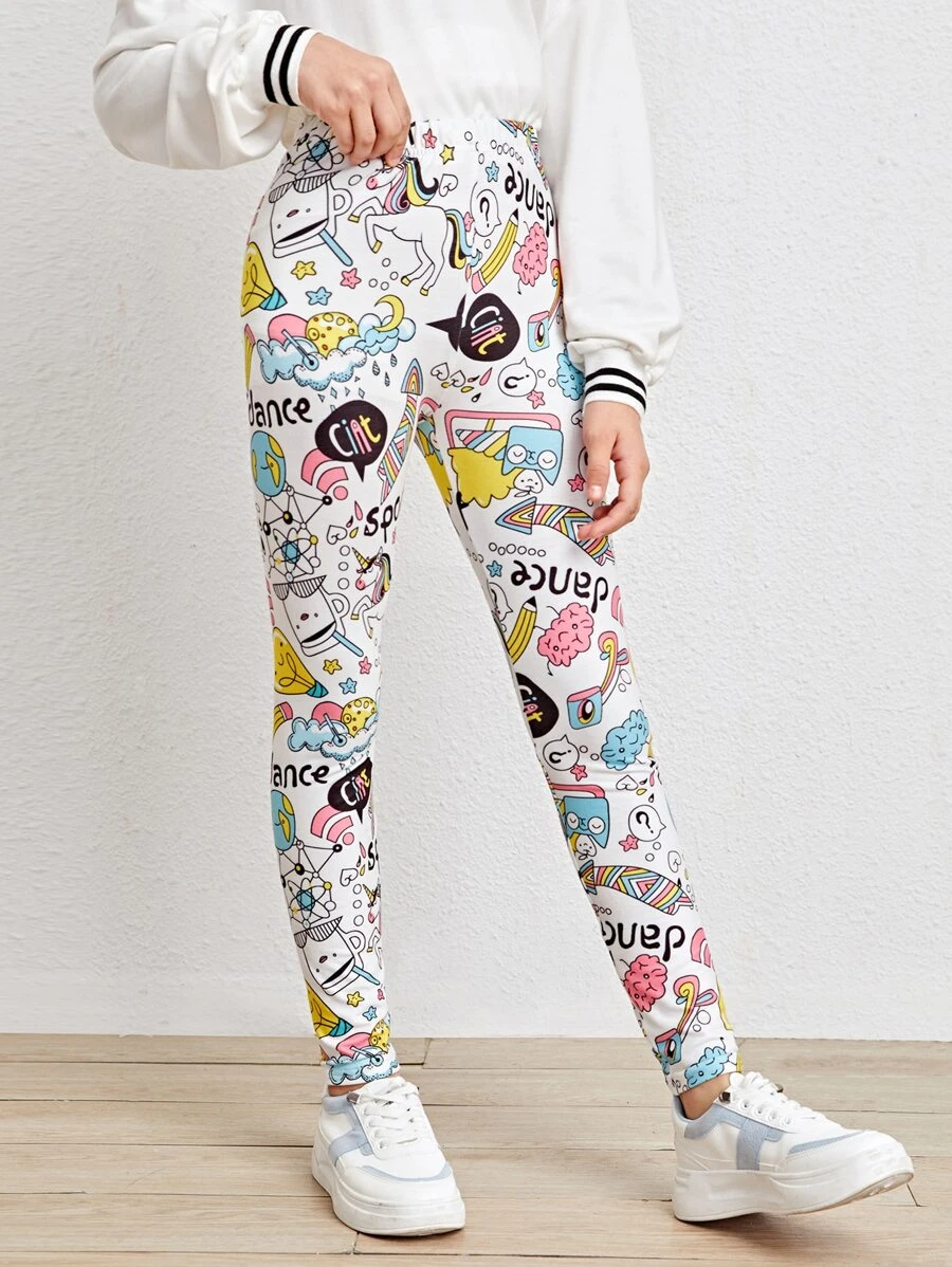 SHEIN 女孩字母和卡通圖案緊身褲 - 彩色 - 查看 1