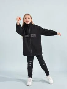 SHEIN Girls Drop Shoulder Letter Embroidery Overcoat - Black - View 5