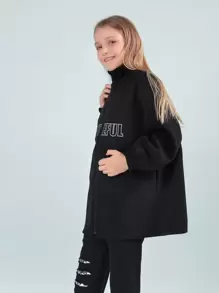 SHEIN Girls Drop Shoulder Letter Embroidery Overcoat - Black - View 6