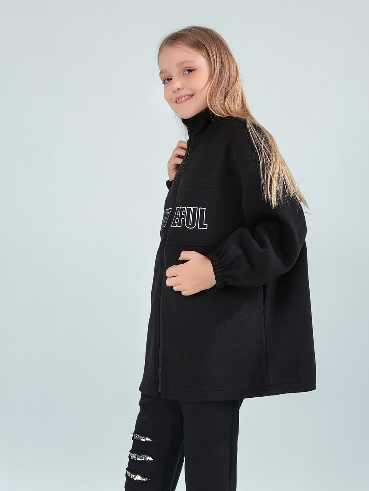 SHEIN Girls Drop Shoulder Letter Embroidery Overcoat - Black - View 6