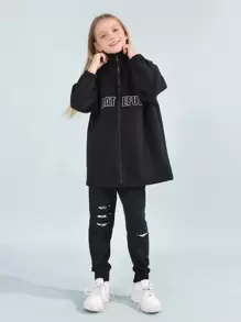 SHEIN Girls Drop Shoulder Letter Embroidery Overcoat - Black - View 7