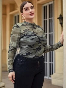 SHEIN Unity Plus Mock Neck Camo Mesh Top - Multicolor - View 4