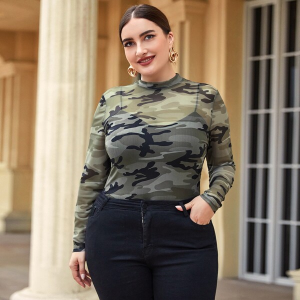 

Plus Mock Neck Camo Mesh Top, Multicolor