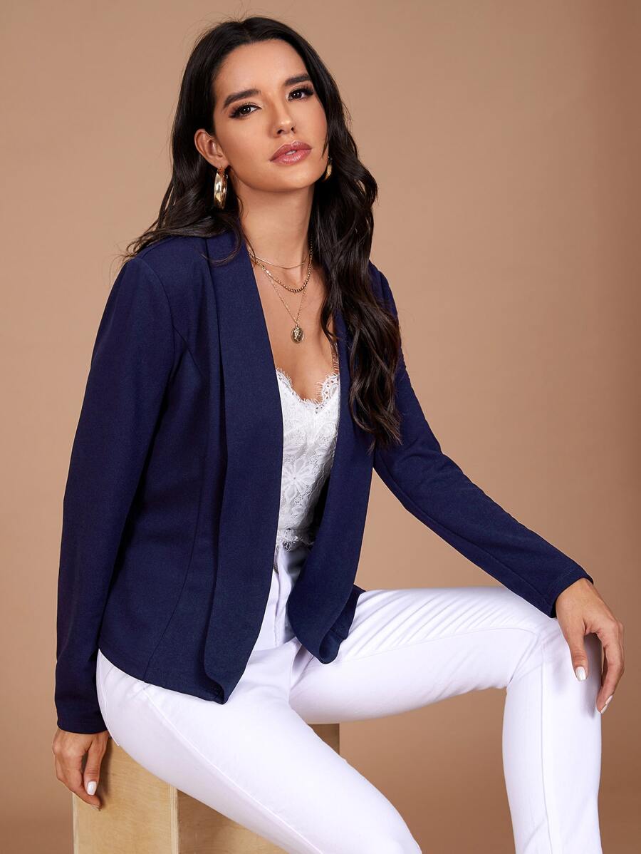 SHEIN Privé Shawl Collar Solid Blazer - Navy Blue - View 1