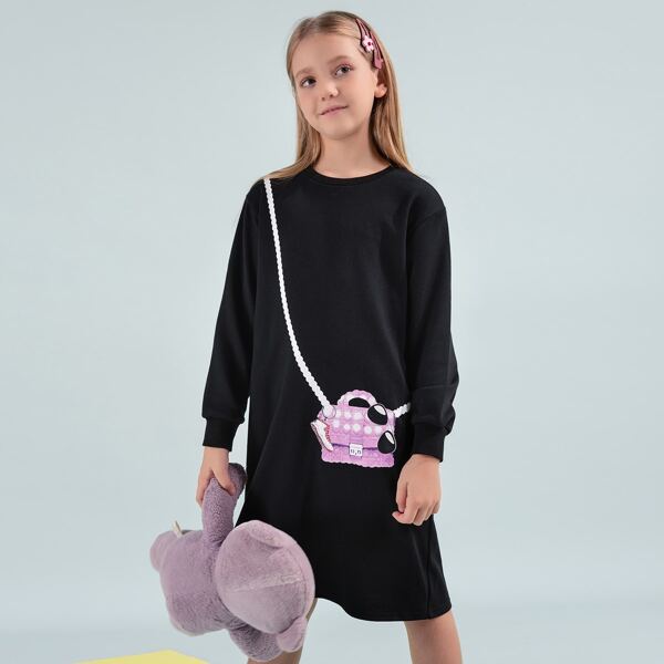 

Girls Bag Print Sweatshirt Dress, Black