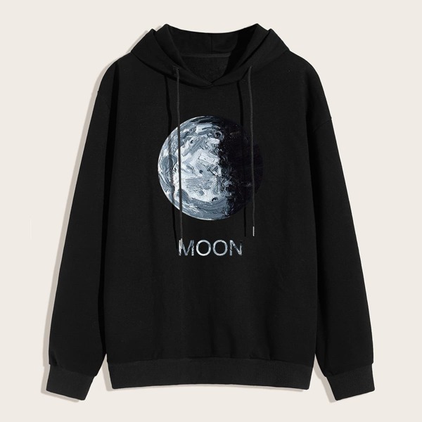 

Men Letter And Planet Print Drawstring Hoodie, Black