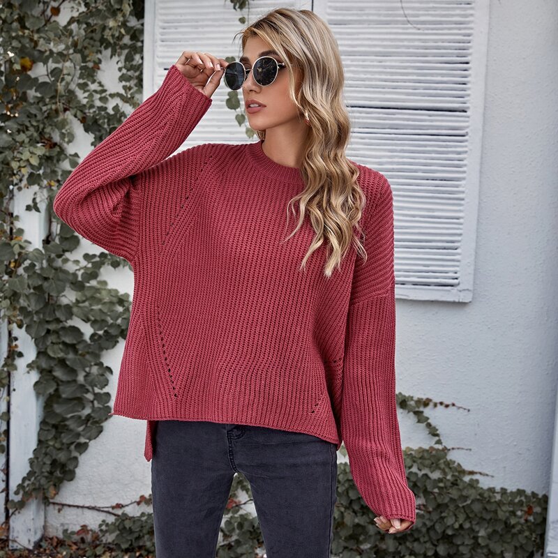 

Solid Drop Shoulder High Low Sweater, Rose red