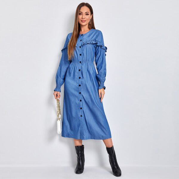 

Ruffle Trim Button Up Denim Dress, Medium wash