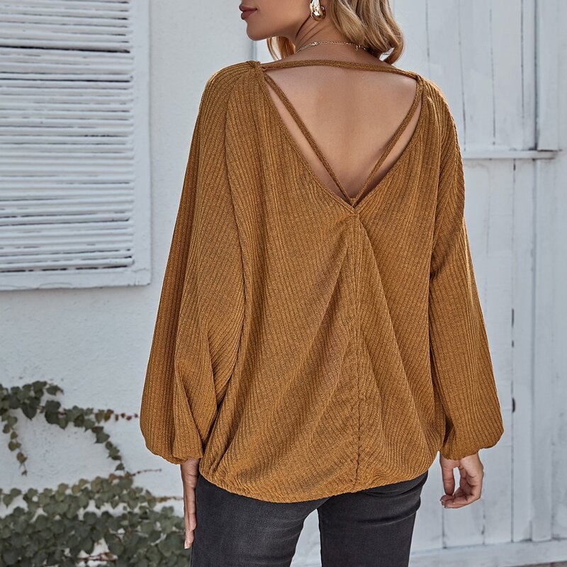 

Cut Out Back Bishop Sleeve Sweatshirt, Brown
