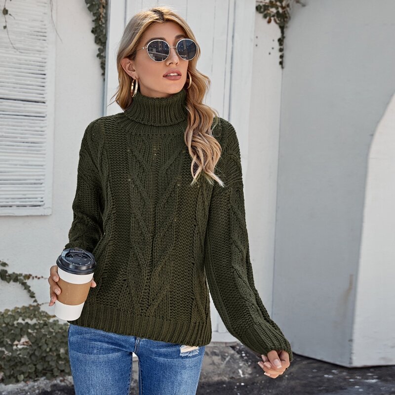 

Solid High Neck Drop Shoulder Sweater, Army green