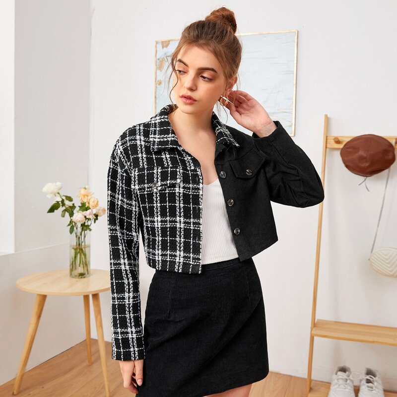 

Contrast Plaid Crop Jacket, Black and white