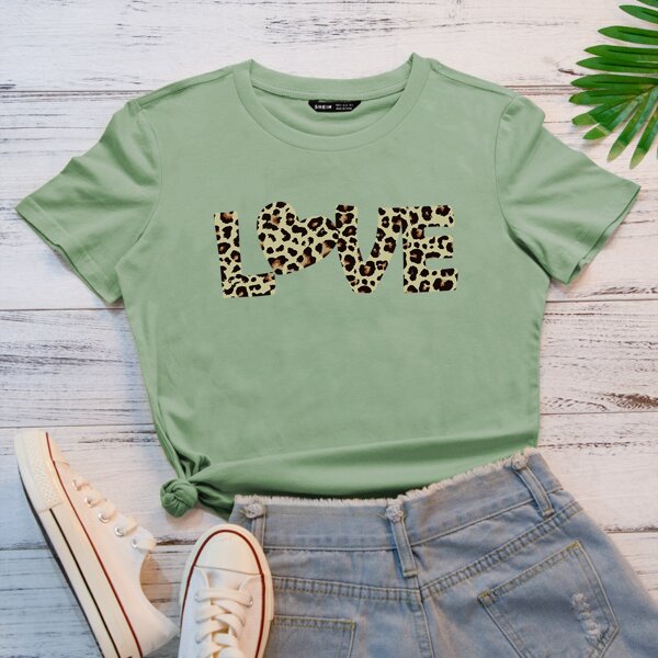 

Leopard Letter Graphic Tee, Lime green