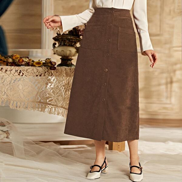 

Corduroy Button Front Dual Pocket Skirt, Coffee brown