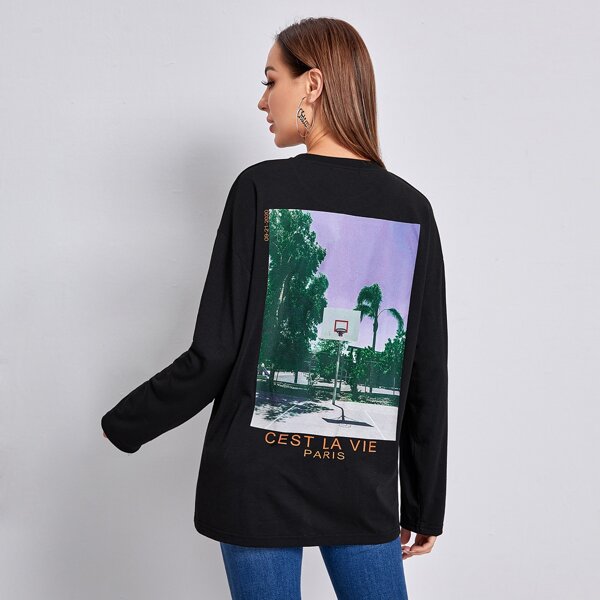 

Letter & Picture Print Drop Shoulder Tee, Black